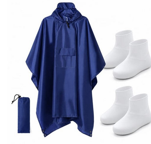3-in-1 Blue Camping Rain Poncho / Outdoor Shelter Tarp / Ground Sheet (82.7 x 55 inch) with 2 Pairs Rain Shoe Covers - Large Backpack Coverage, Drawstring Hood and Carry Bag for Hiking Trekking Cycling Use