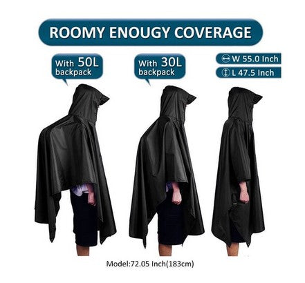 3-in-1 Blue Camping Rain Poncho / Outdoor Shelter Tarp / Ground Sheet (82.7 x 55 inch) with 2 Pairs Rain Shoe Covers - Large Backpack Coverage, Drawstring Hood and Carry Bag for Hiking Trekking Cycling Use