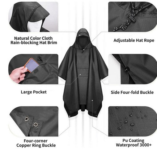 3-in-1 Blue Camping Rain Poncho / Outdoor Shelter Tarp / Ground Sheet (82.7 x 55 inch) with 2 Pairs Rain Shoe Covers - Large Backpack Coverage, Drawstring Hood and Carry Bag for Hiking Trekking Cycling Use