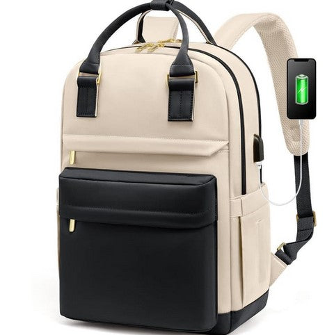 Backpack - Backpack - Ladies - Girls - Women - Laptop - Schoolbag - Work - School - Waterproof - USB - Beige - White - Black